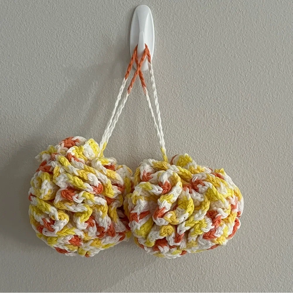 Set of 2 Crochet Yellow/Orange/White Eco-Friendly Bath Loofahs with Hanging Loop